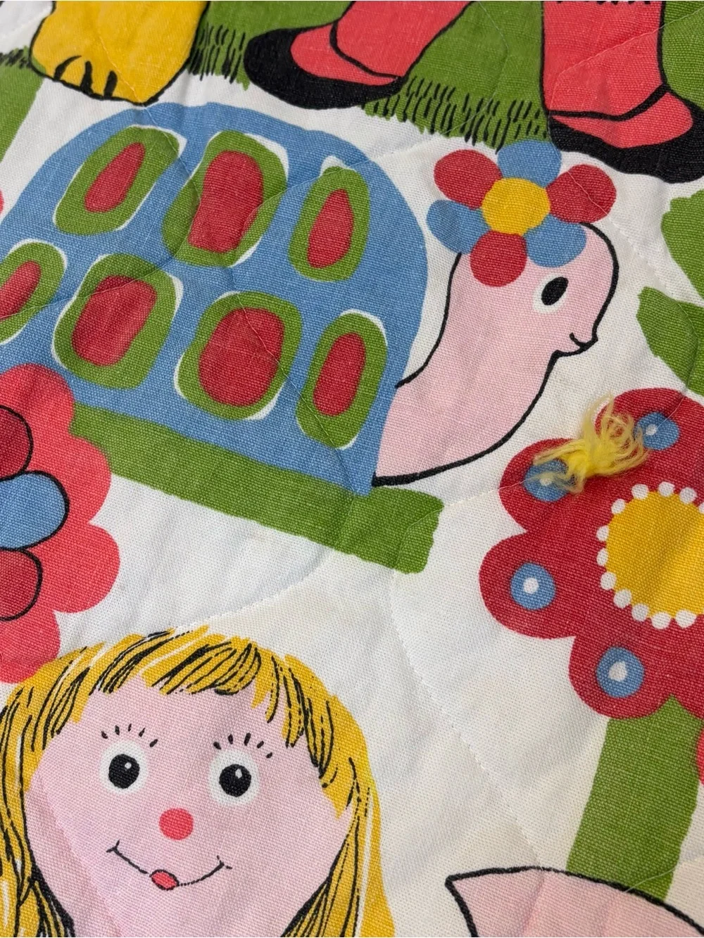 Vintage ‘70s Storybook Nursery Blanket Retro Ragdoll Yellow Kitsch Crib Quilt